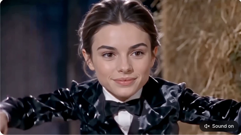 Example output-style video frame showing a woman in a black tuxedo with arms extended